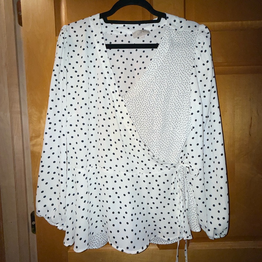 LOFT Black and White Polka Dot Wrap Blouse